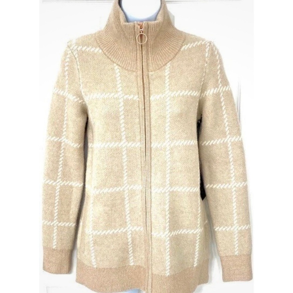 Rachel Zoe Sweater Jacket Windowpane Plaid Wool Blend Full Zip Mock Neck small
